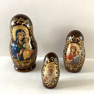 Vintage Russian Nesting Doll Hand Painted 3pc Madonna Catholic Religious